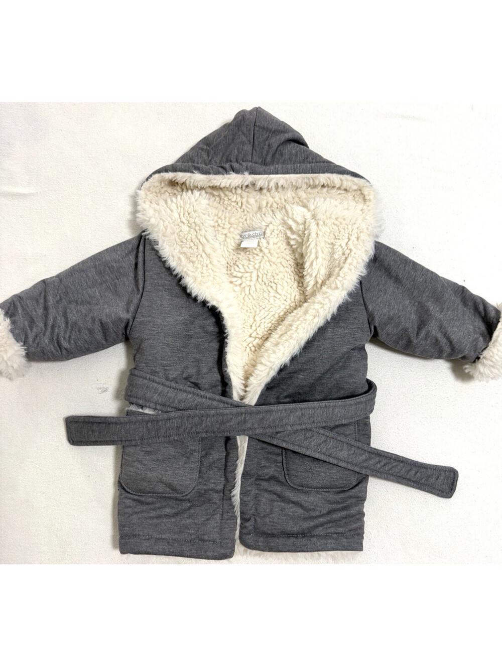 RH Baby Child Sherpa Lined Hooded Bath Robe 18-24M Charcoal Gray Fleece